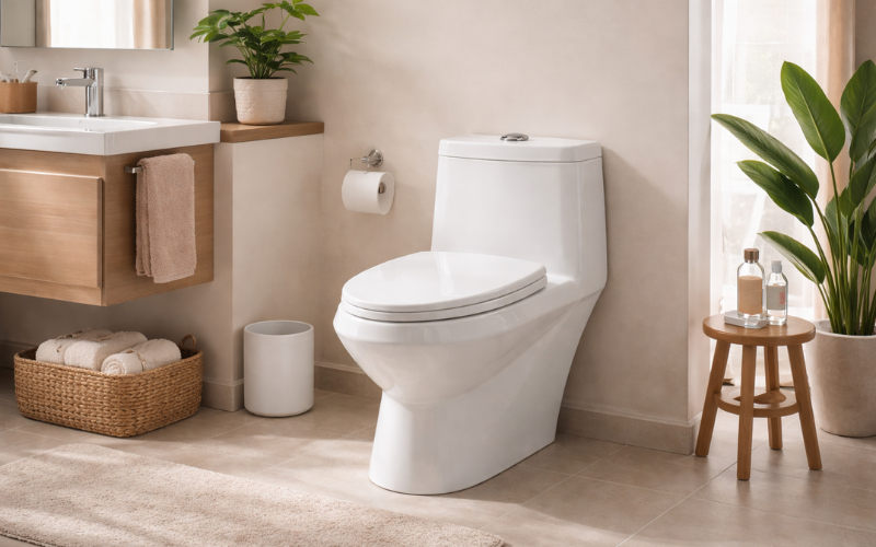 ชักโครกชิ้นเดียวสีขาวจาก HomePro ในห้องน้ำสไตล์อบอุ่น